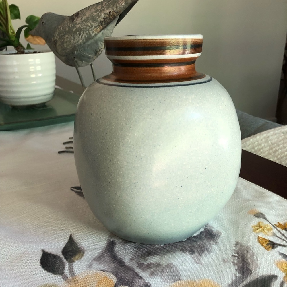 SOLD Lapid #181 Vase Signed By Batia Pottery Stoneware Light Blue with Stripes